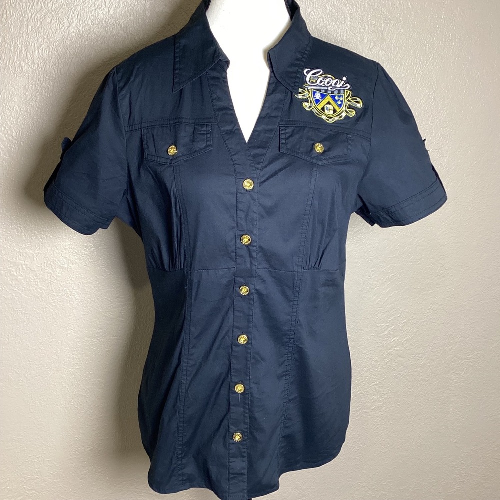 COOGI Women's Black Fitted Short Sleeve Button Down Crest Embroidered Top XL